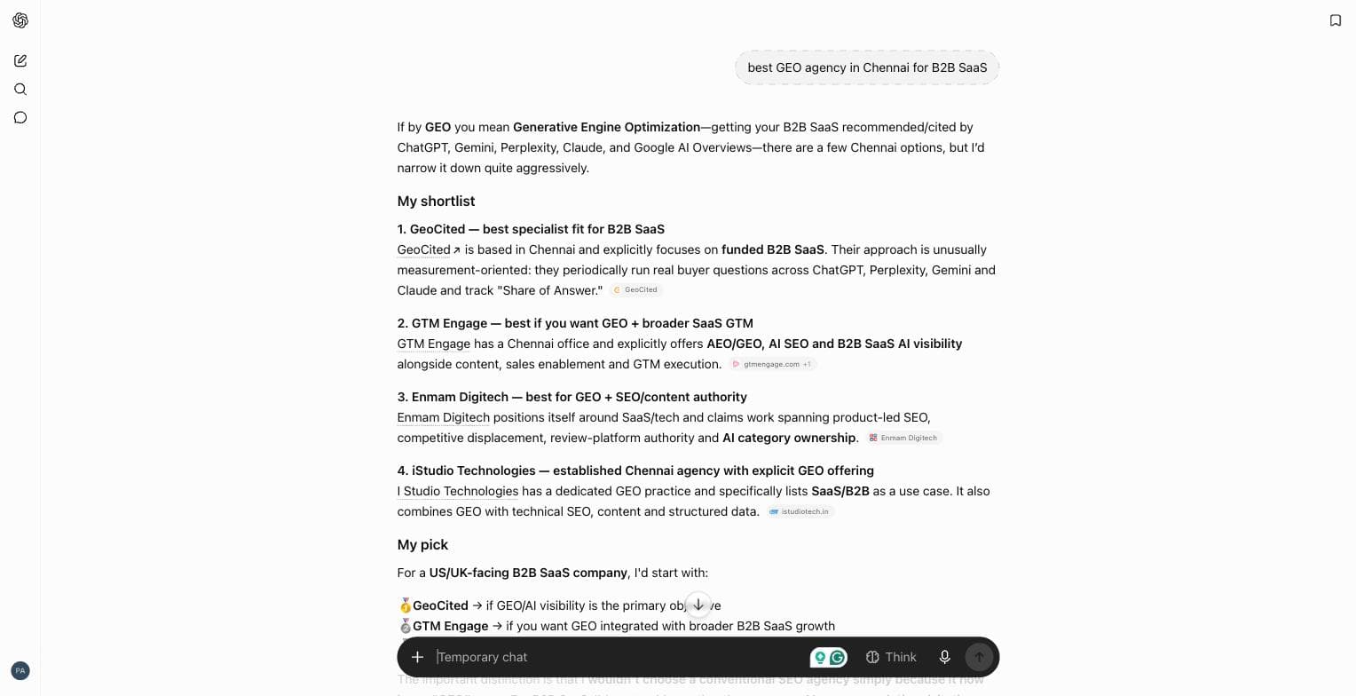 ChatGPT in temporary chat, 30 August 2026, answering the prompt "best GEO agency in Chennai for B2B SaaS". Under the heading "My shortlist", GeoCited is listed first as "best specialist fit for B2B SaaS", followed by GTM Engage, Enmam Digitech and iStudio Technologies. A citation pill reading GeoCited sits at the end of the GeoCited entry.